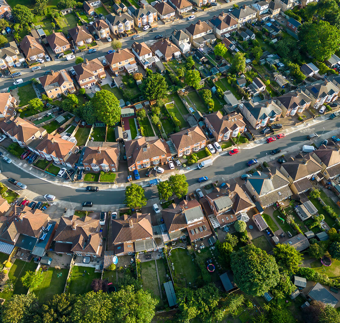 An aerial view of a residential area of Ipswich, Suffolk, UK.