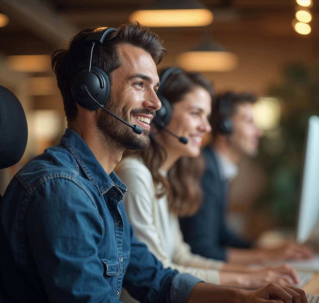 Young man engaged in customer service while using a headset and working on a computer.
