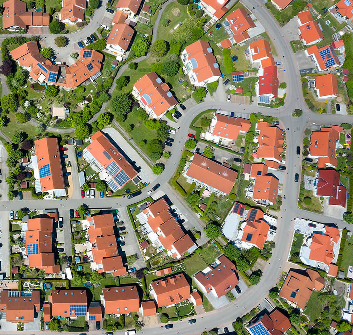 Aerial shot of houses.