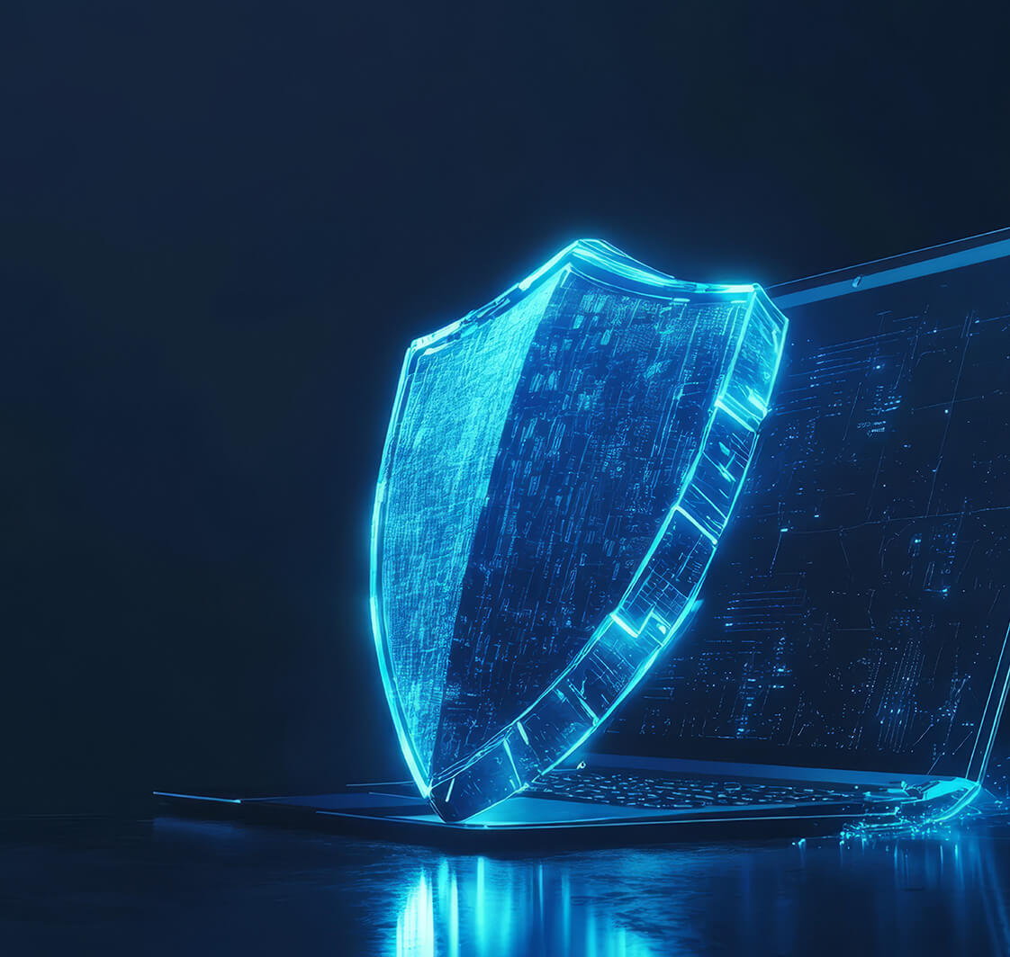 Cyber security concept features a sleek laptop and a blue, futuristic guard shield, symbolizing essential digital protection and assurance against online threats.