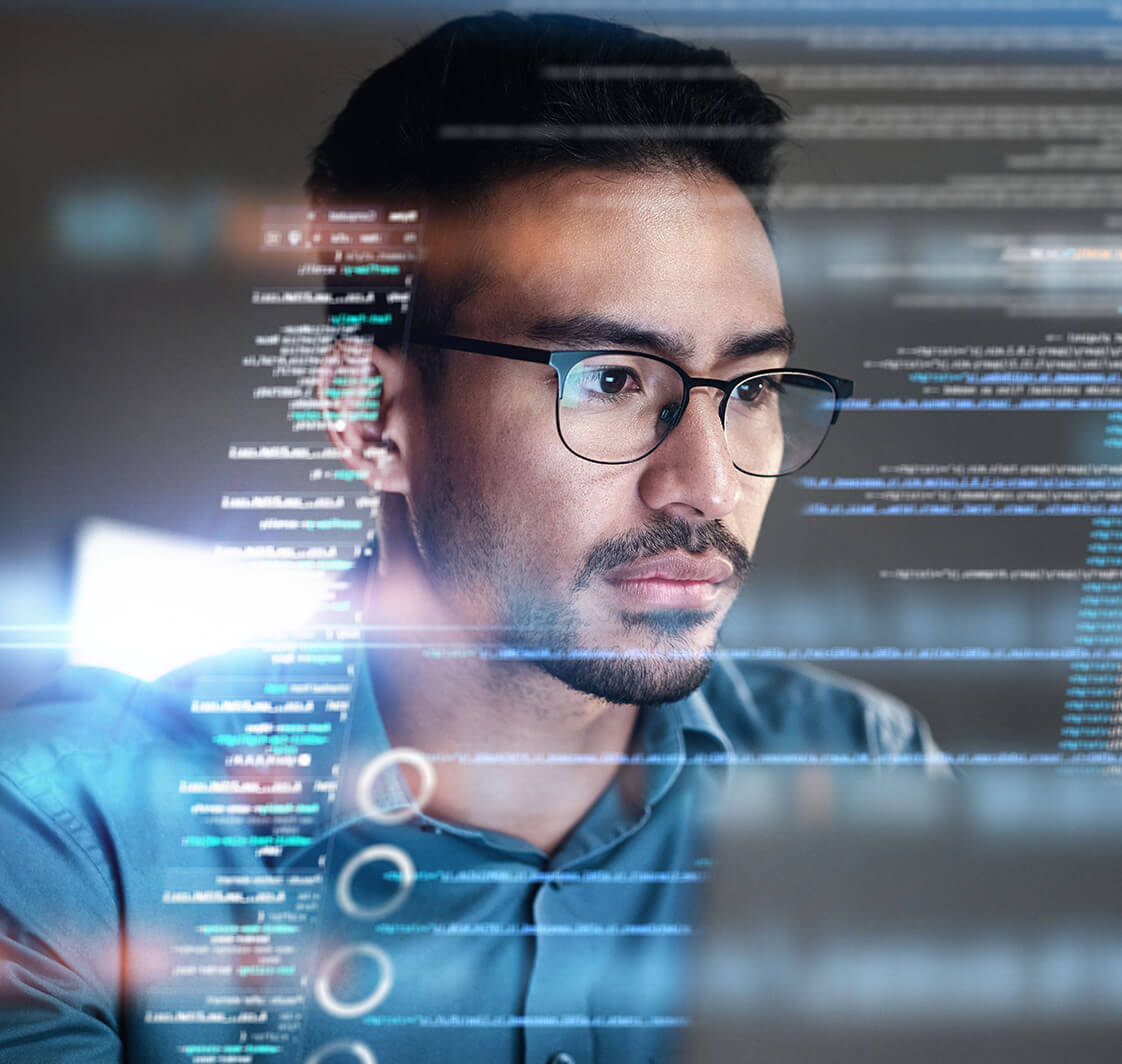 Programming coding and man with focus, hologram and trading with cyber security, futuristic and research.