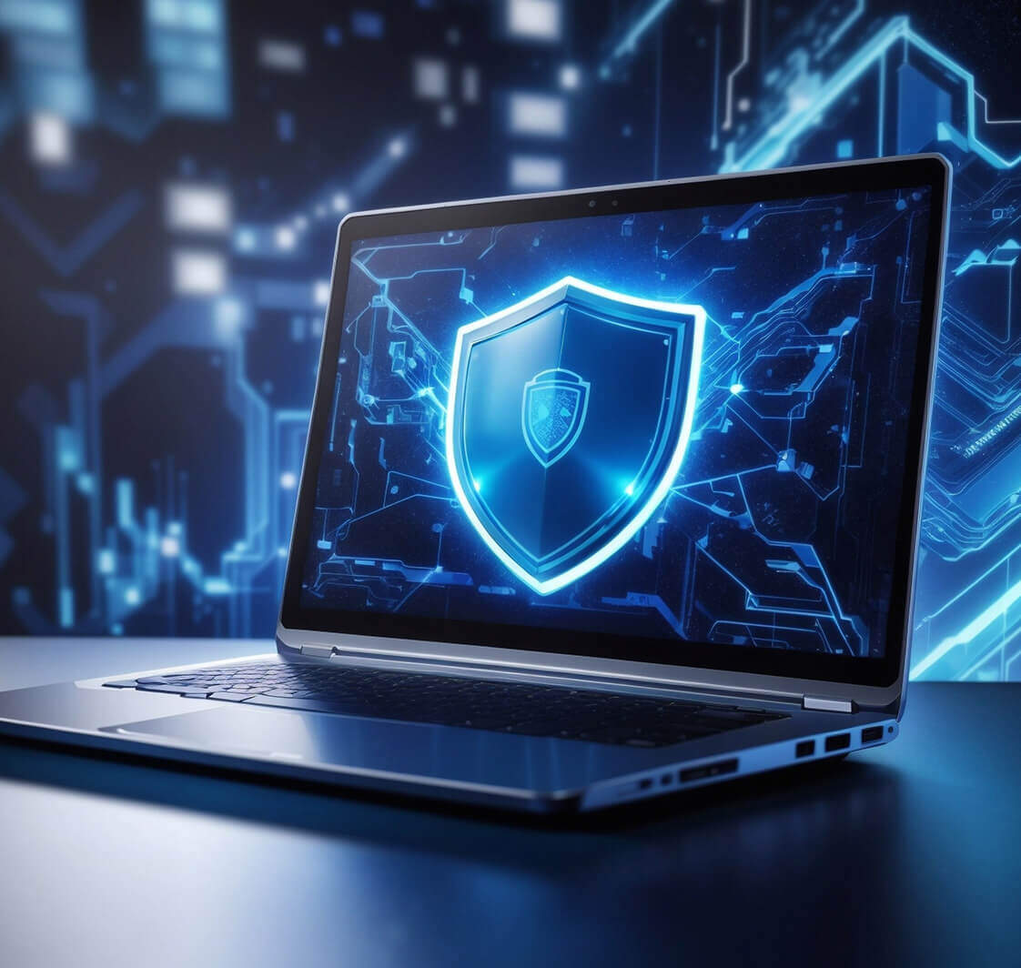 Cybersecurity - Laptop with Shield - Blue.