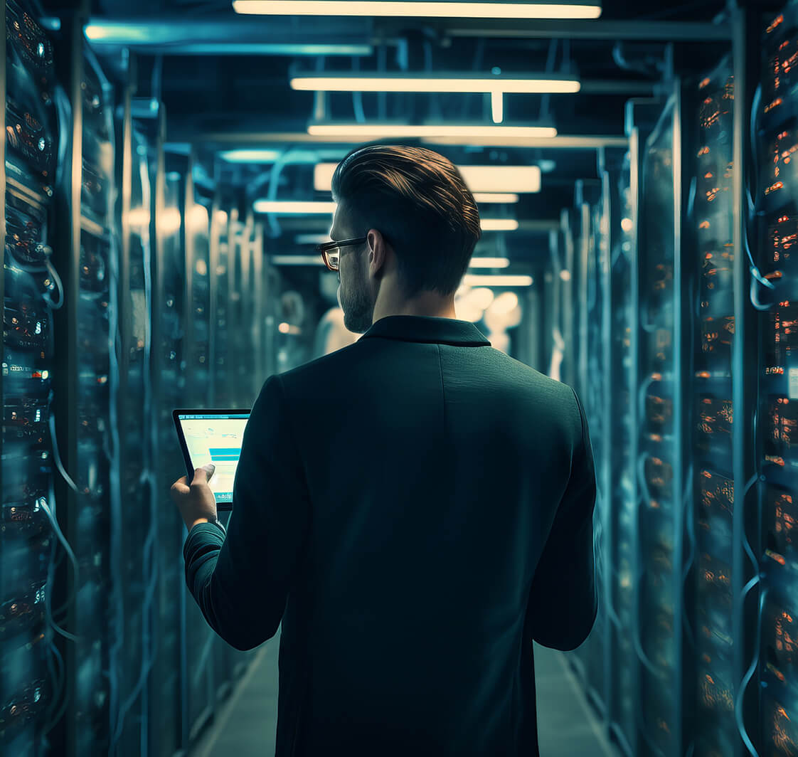 a man with a tablet checks the server room. Concept network, artificial intelligence.
