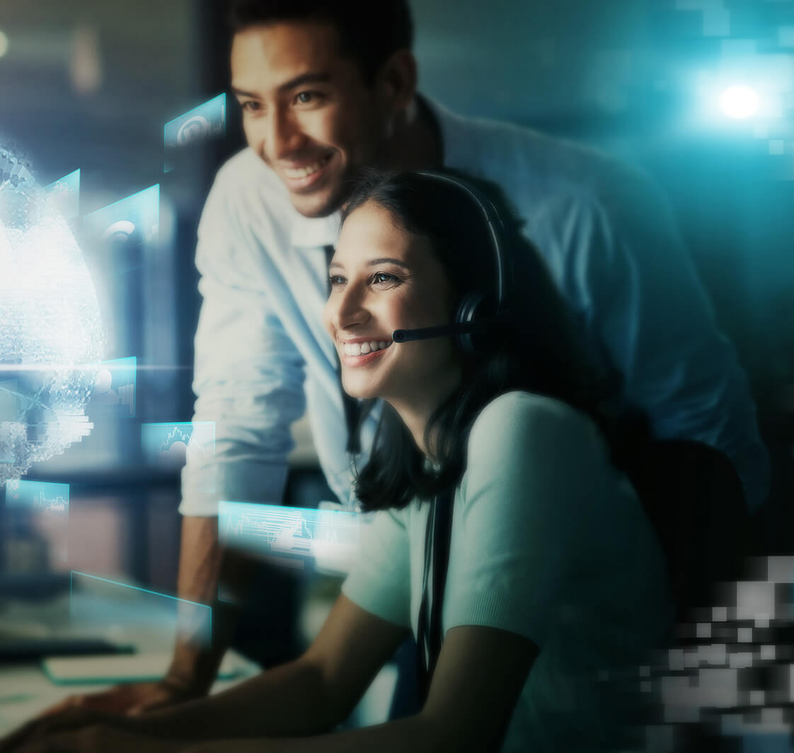 Digital marketing, futuristic and networking of call center business people in telemarketing at night in double exposure.