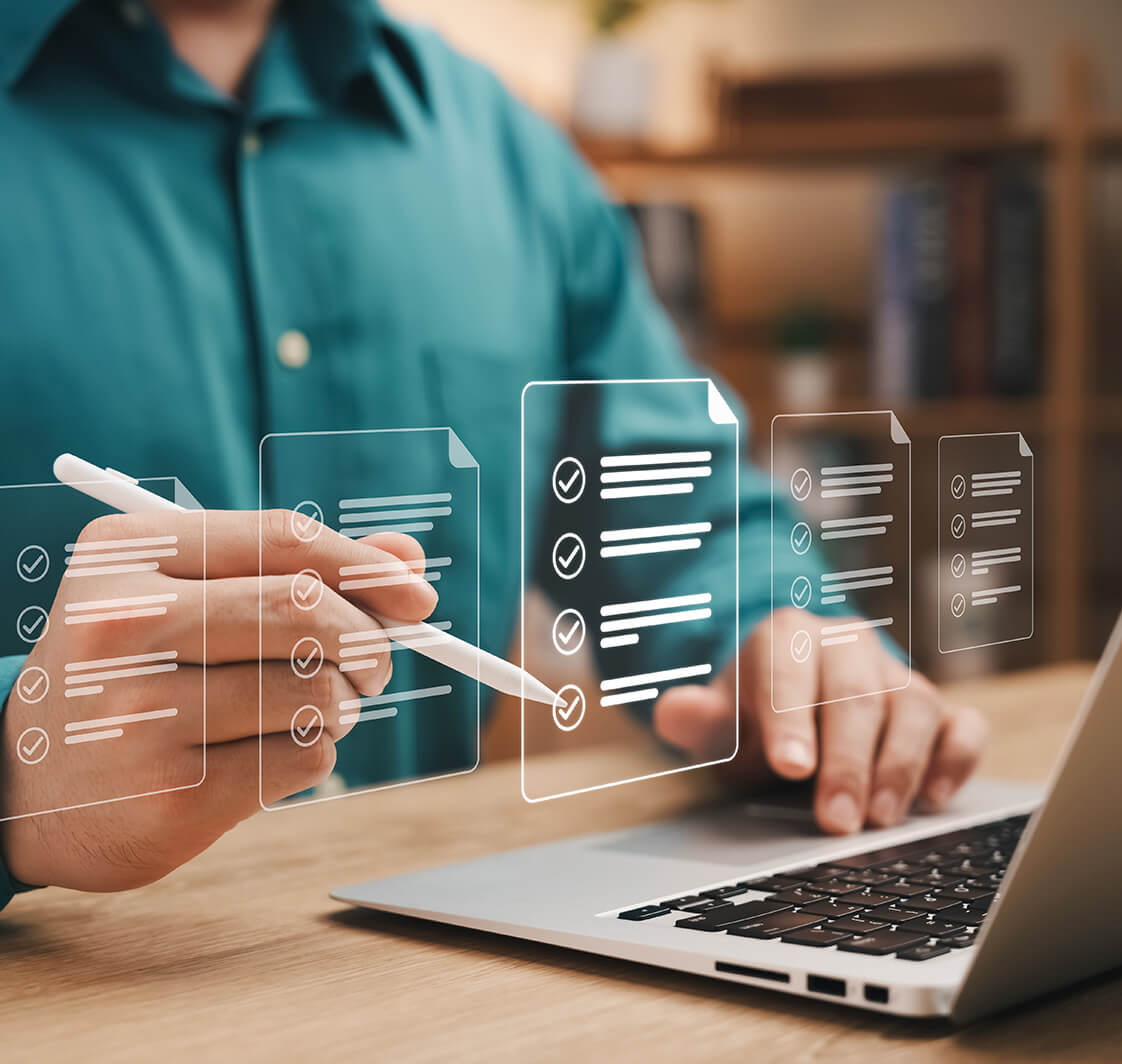 Quick checklist and clipboard management concept, businessman working checklist questionnaire assessment form, checking laptop performance and filling out online survey, efficient management