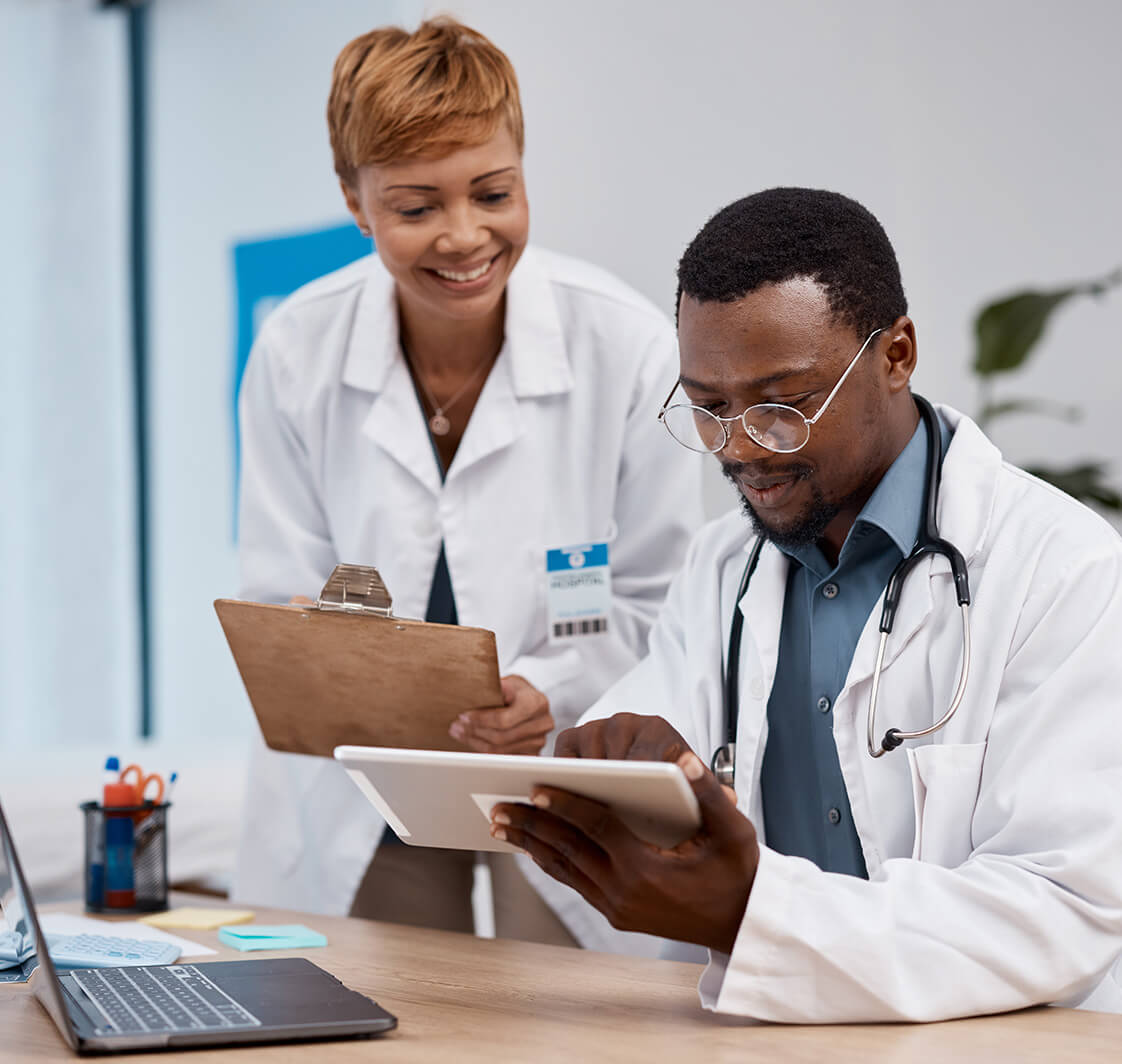 Teamwork, tablet and doctors in research training, hospital data and healthcare app management. Telehealth, digital technology and analysis of medical professional.