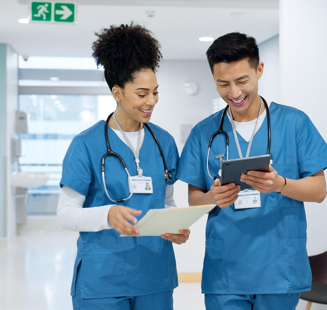 Hospital, nurse and people with tablet in discussion with analysis of results and health report in clinic.