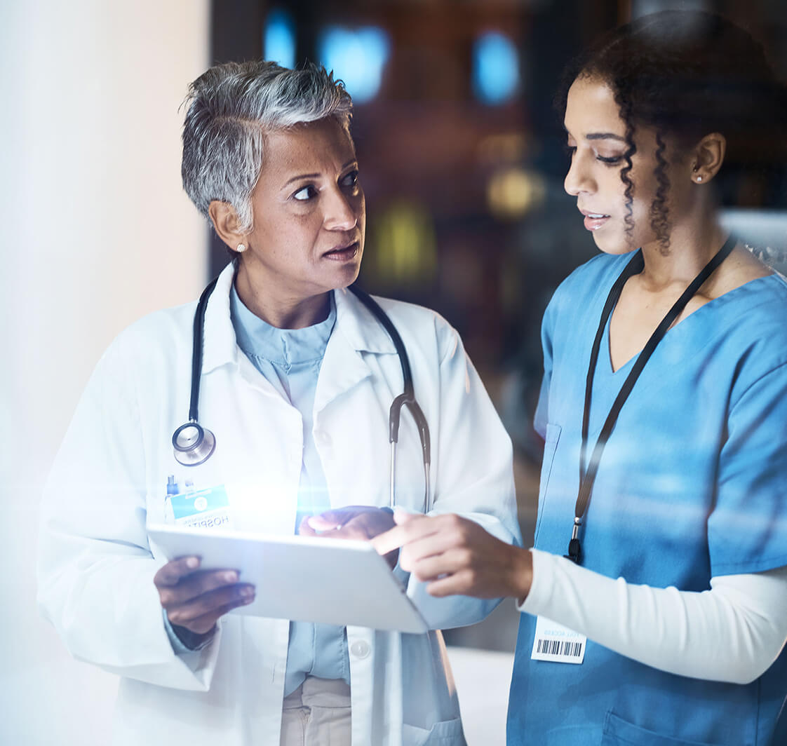 Women, doctors and tablet with bokeh copy space, mockup or mock up for night medical research, planning or teamwork.