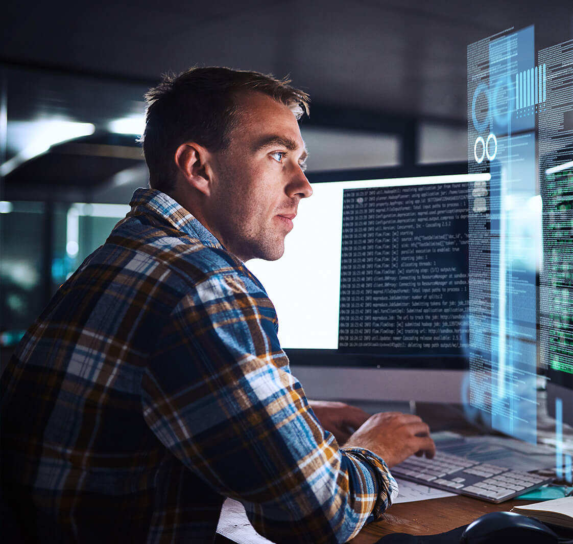 Developer, man and programmer code on computer screen with cybersecurity hologram, analytics and seo or working at night. Technology, coding and hacker on dark software, safety and iot password