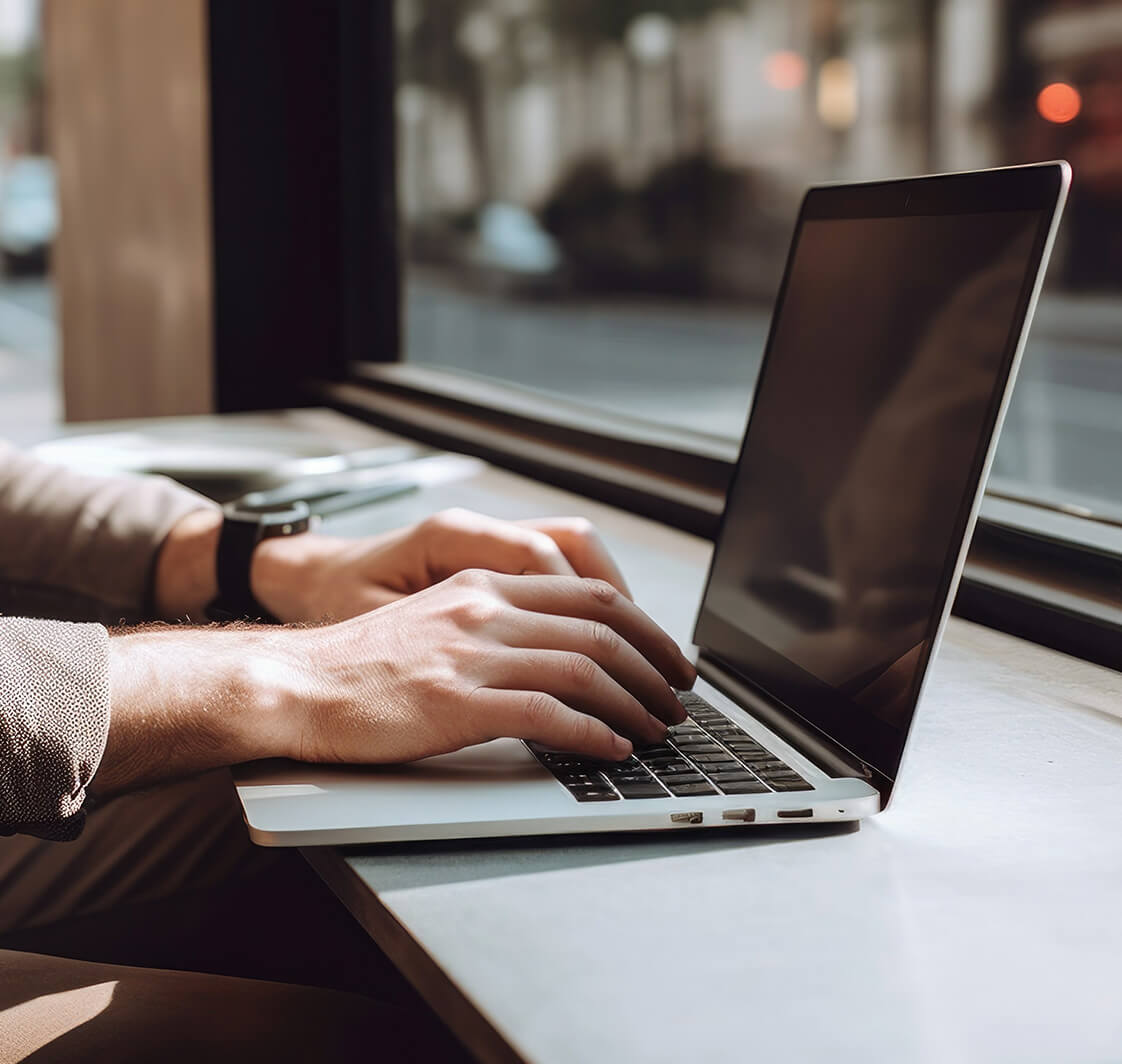 Man typing on his laptop.