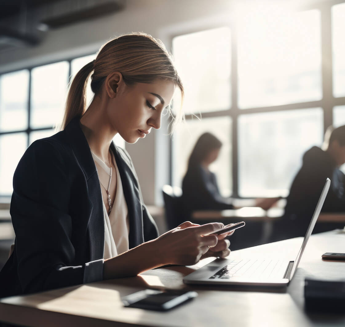 Business Woman on Phone Tablet Studying Reading Data Technology Market.