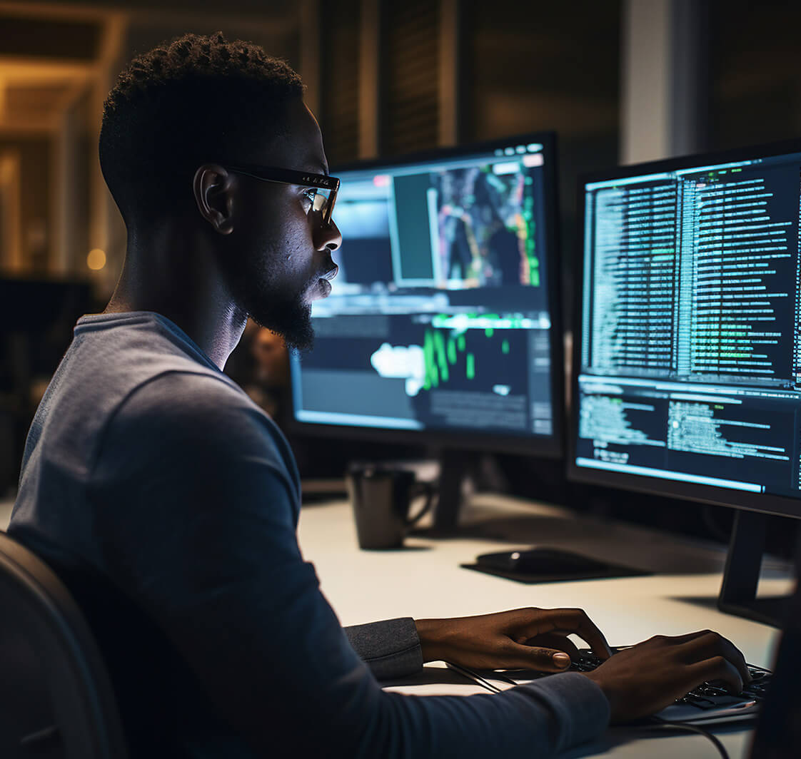 Photo of professional it specialist using device writing code computer network maintenance