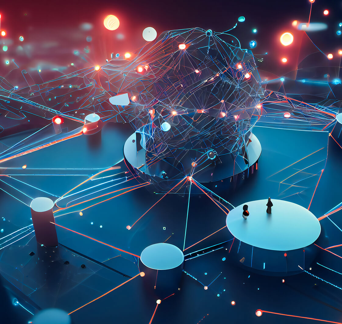 A graphical representation of a connected IoT network, with various nodes, devices, and connections