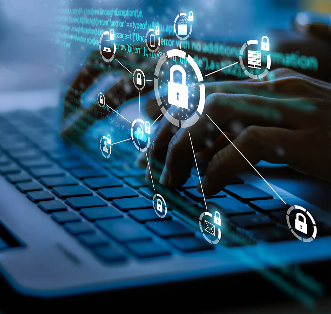 Business, technology, internet and networking concept. Young businesswoman working on his laptop in the office, select the icon security on the virtual display