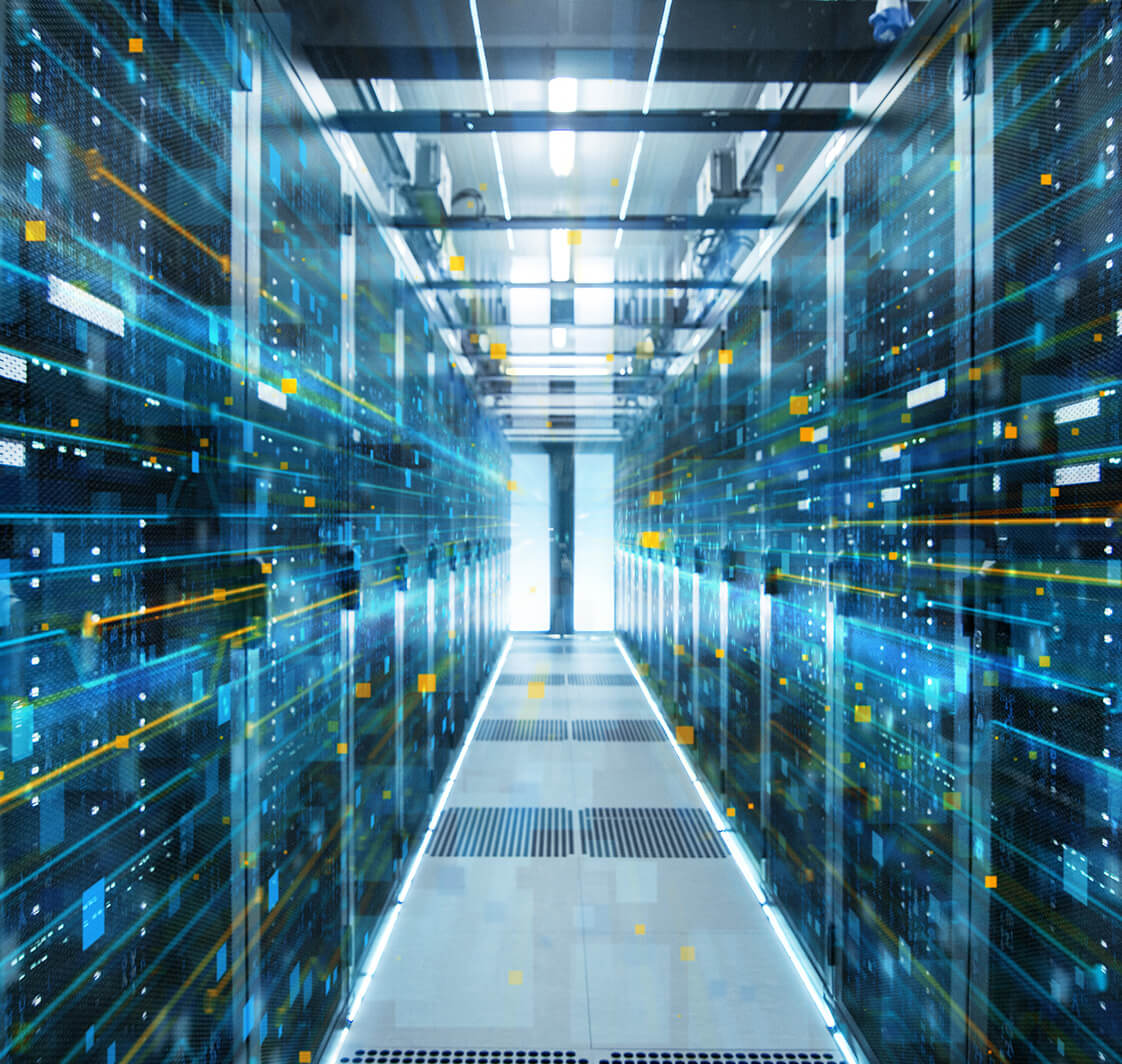 Shot of Corridor in Working Data Center Full of Rack Servers and Supercomputers with Internet connection Visualisation Projection