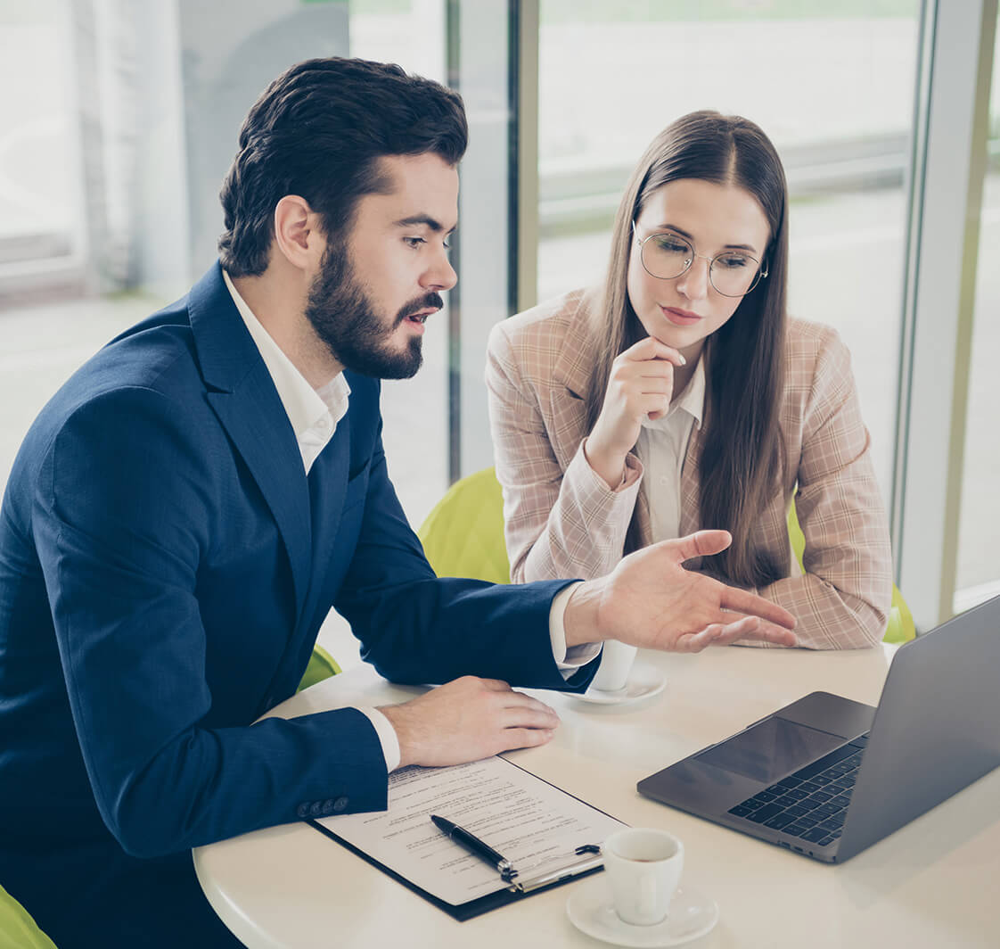 Portrait of his he her she two nice attractive stylish focused smart clever people meeting discussing it project start-up sales plan management at light white workplace workstation.