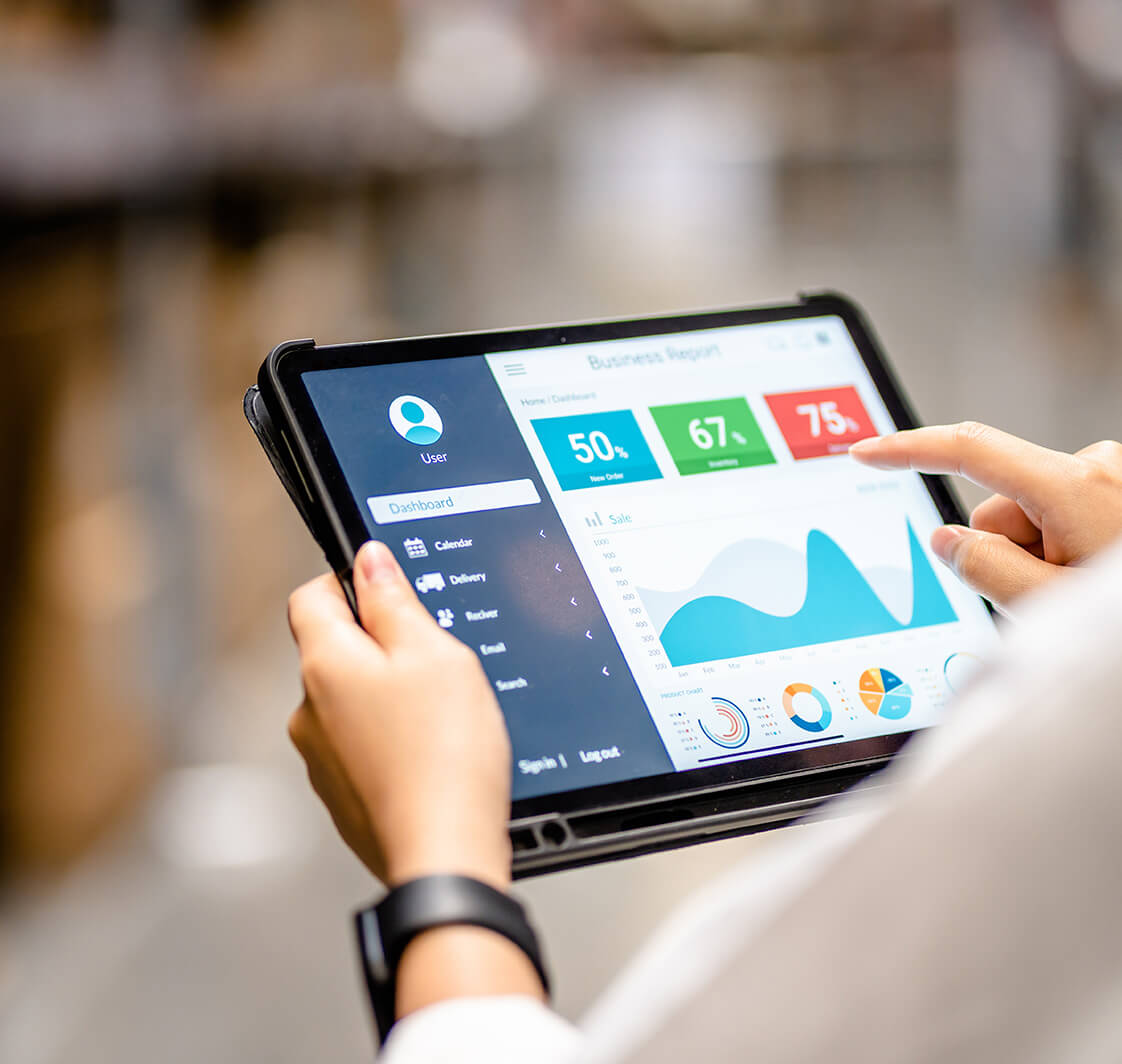 Close up, Woman worker or supervisor uses a digital tablet to check the stock inventory, a Smart warehouse management system, supply chain and logistic network technology.