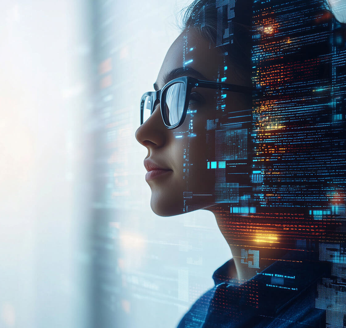 Female IT specialist learns to analyse code and data technology, cyber security, impact of artificial intelligence augmented reality.