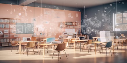 Picture collage of classroom interior with school desks chair for teaching learning students