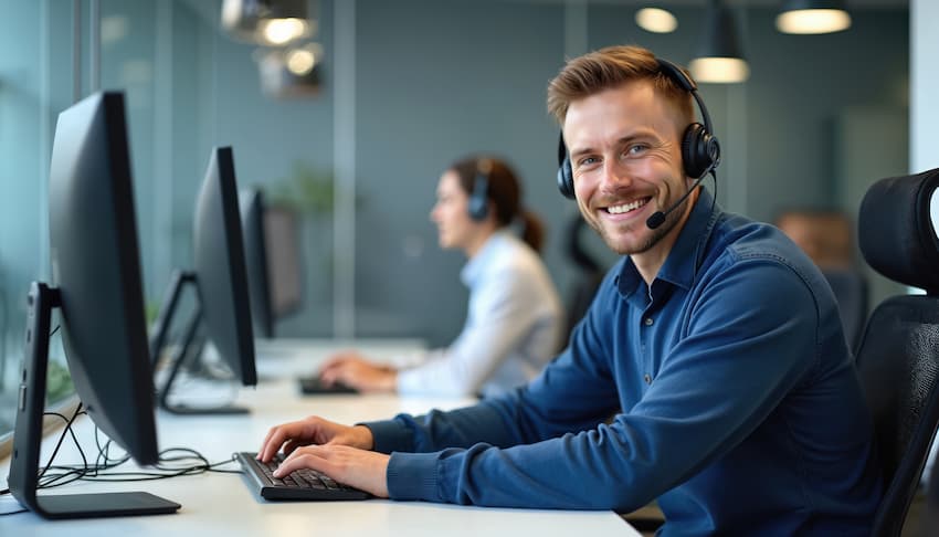 A contact centre worker with headphones on, sat in front of a screen, smiling at the camera.
