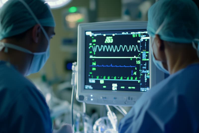 Doctors looking at a medical monitor in a hospital