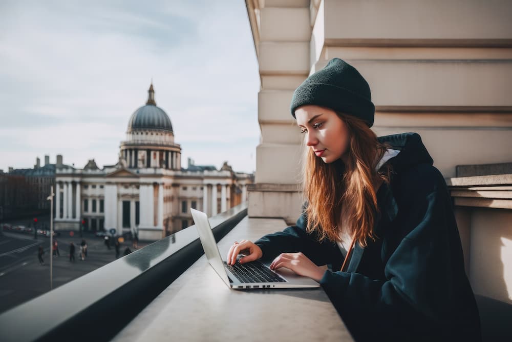 Student with laptop outside St. Paul's cathedral