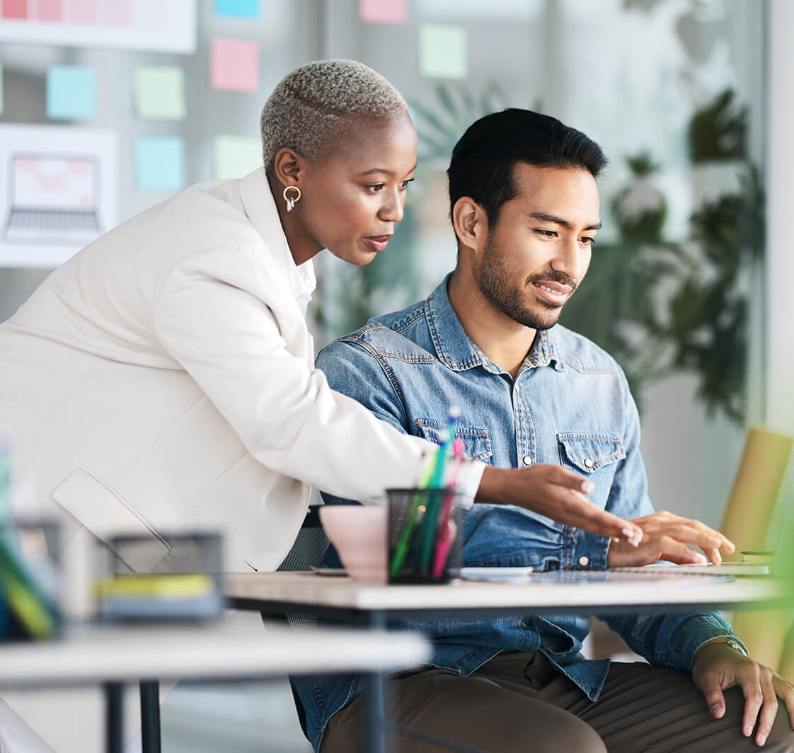 Office laptop, diversity and business people reading online report, website design feedback or research project. Collaboration, staff mentor and team designer working on company homepage development 