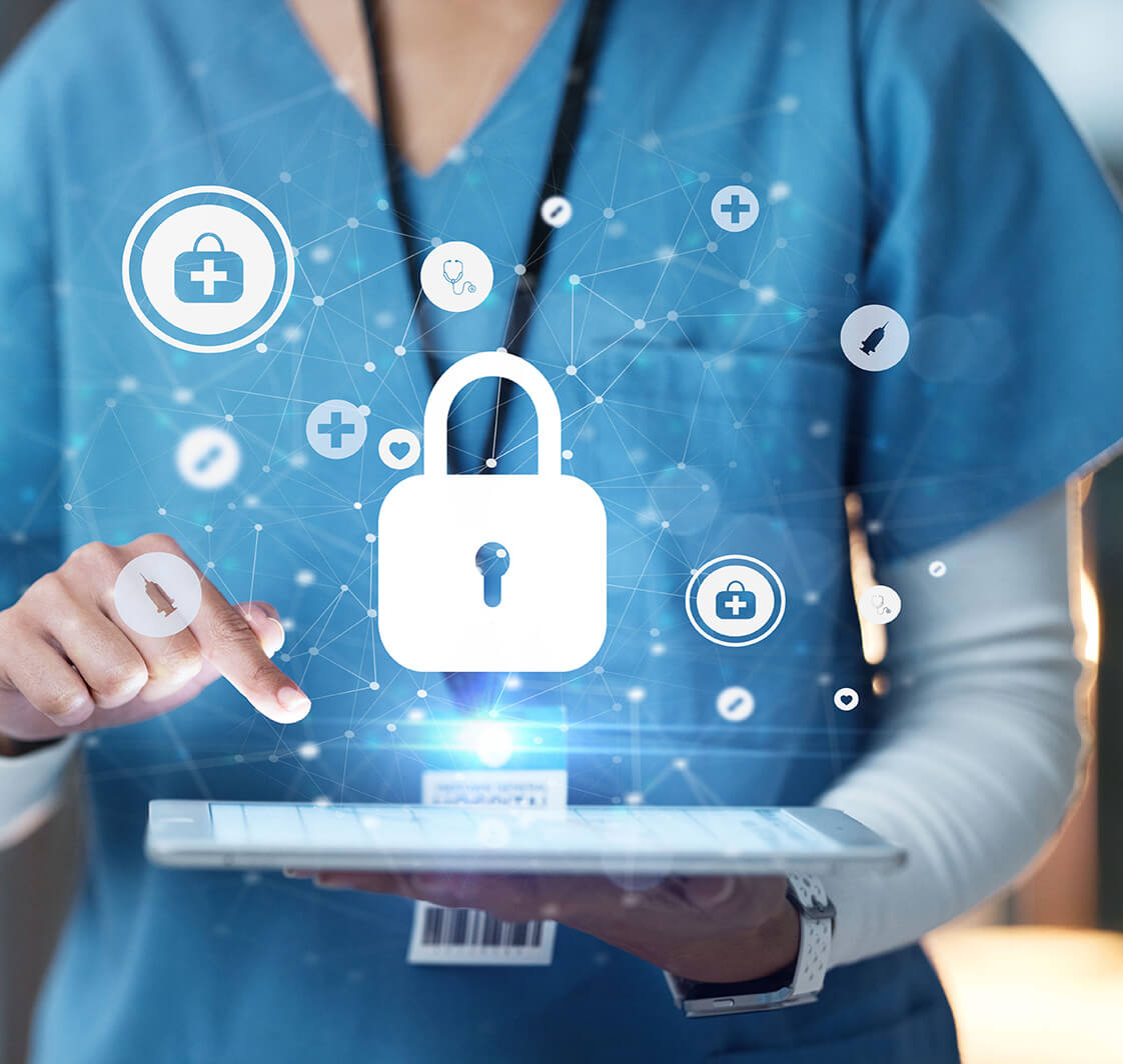 Medical cybersecurity, tablet and hands of doctor, surgeon or nurse with virtual hologram for database lock.