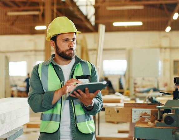 A man working in the James Latham warehouse with a hard hat and hi-vis jacket on.