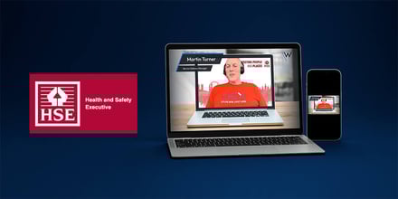 Martin Turner, Service Delivery Manager at HSE, on a laptop screen inside a larger laptop screen portraying a testimonial, with the HSE logo beside and a mobile device showing his image.