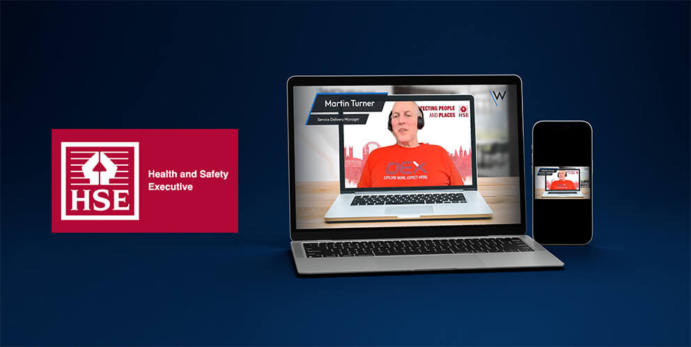 Martin Turner, Service Delivery Manager at HSE, on a laptop screen inside a larger laptop screen portraying a testimonial, with the HSE logo beside and a mobile device showing his image.
